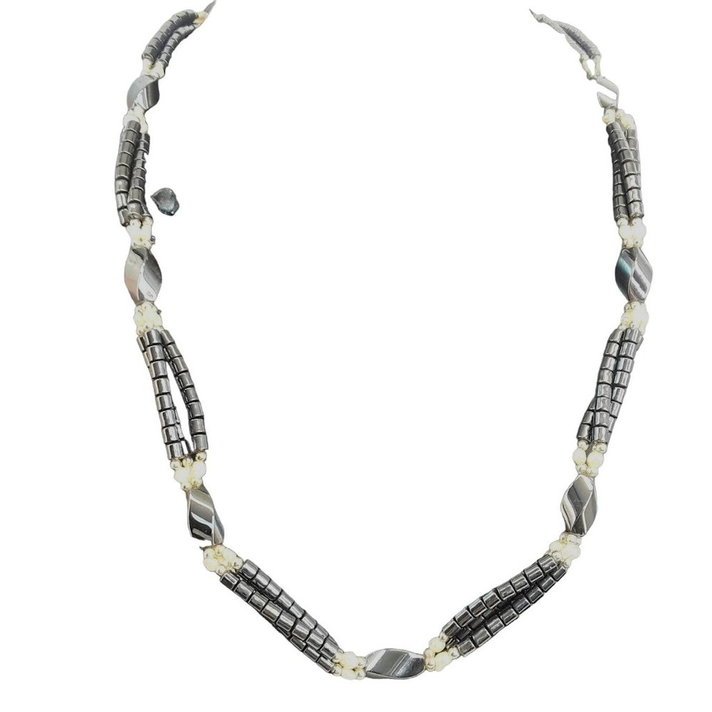 Hematite and Freshwater Pearl Necklace Multi Strand Slip On No Clasp